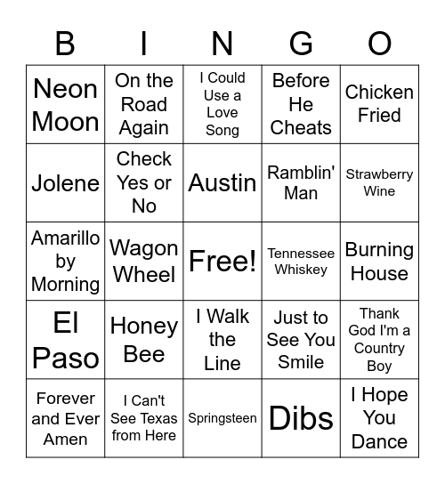 Country Songs Bingo Card