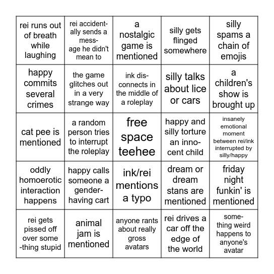 group roleplay bingo Card