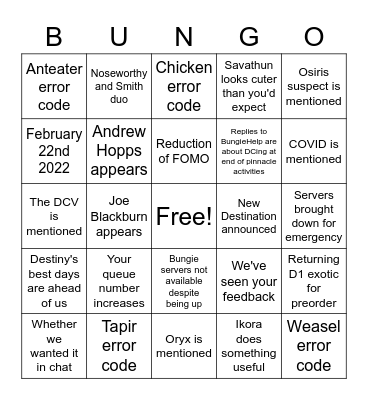 Reveal and Season Launch Bingo Card