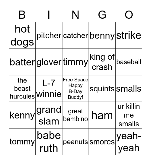 AIDAN'S SANDLOT  Bingo Card