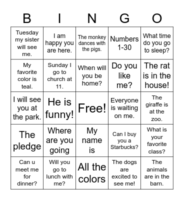 Sentences Bingo Card