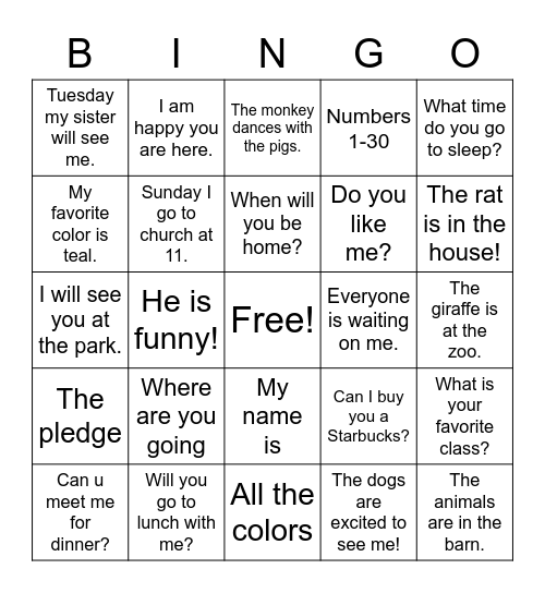 Sentences Bingo Card