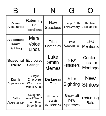 Destiny 2 Showcase Bingo Card