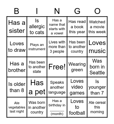 Getting to Know You Bingo Card