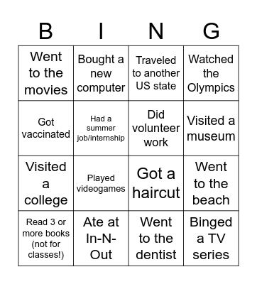 Summer 2021 Bingo Card