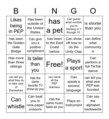 PEP Bingo Card