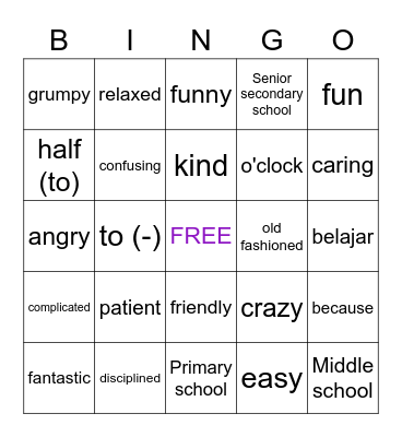 School Adjectives Bingo Card