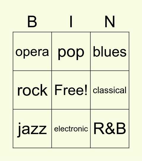 Music Type Bingo Card