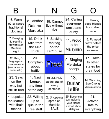 Merdeka 62 + 2 (Colored) Bingo Card