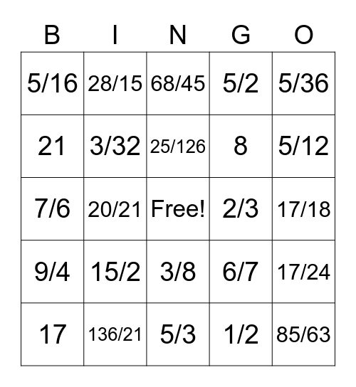 Dividing Fractions Bingo Card
