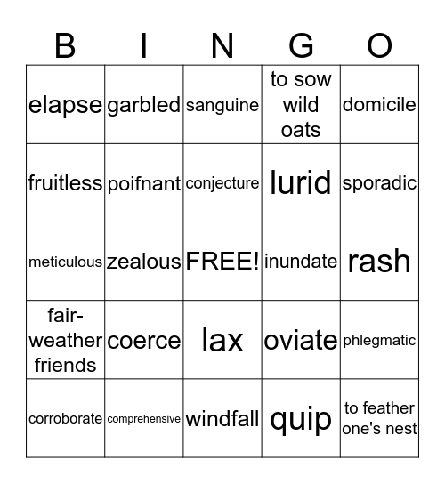 1100 Words Week 11 Bingo Card
