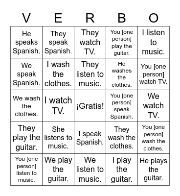 Verbos -ar Bingo Card
