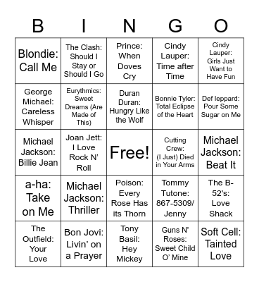 80s Music Bingo Card