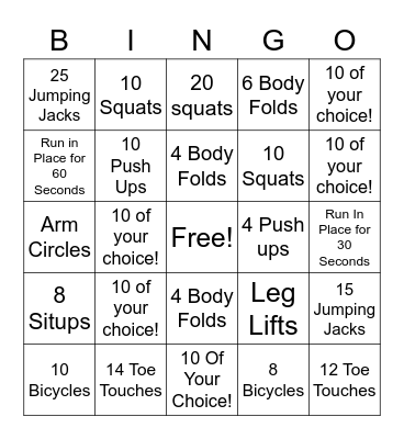 Fitness Bingo Card