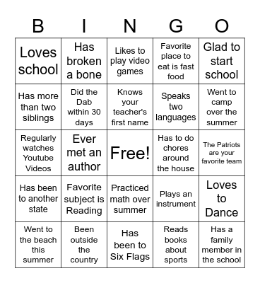 First Day of School Bingo Card