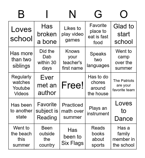 First Day of School Bingo Card