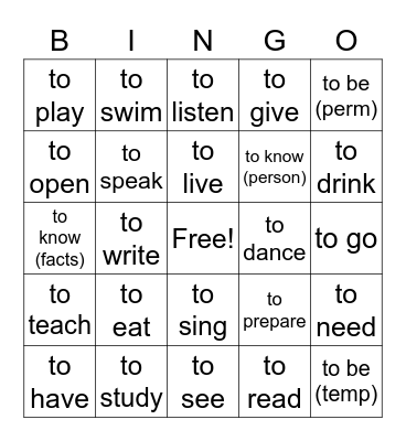 Verbos Bingo Card