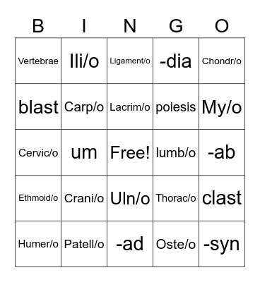 Medical Terminology BINGO Card