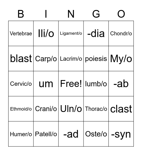 Medical Terminology BINGO Card