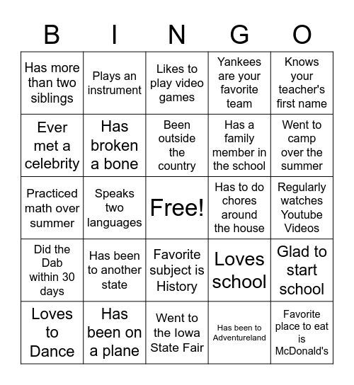 First Day of School Bingo Card