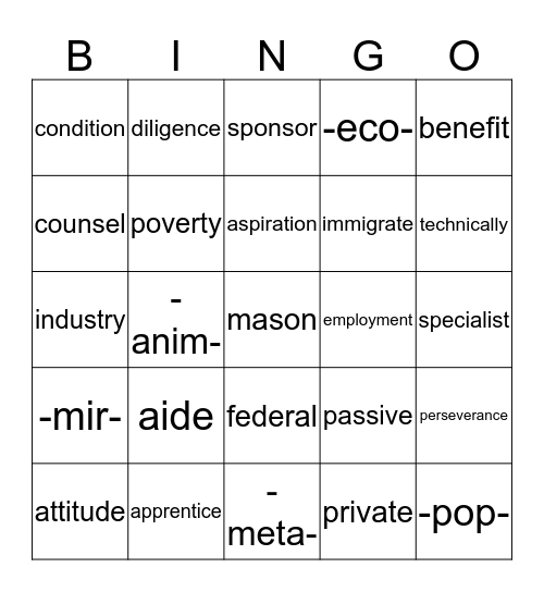 Wordskills Week 11 / Stems 1-2 Bingo Card