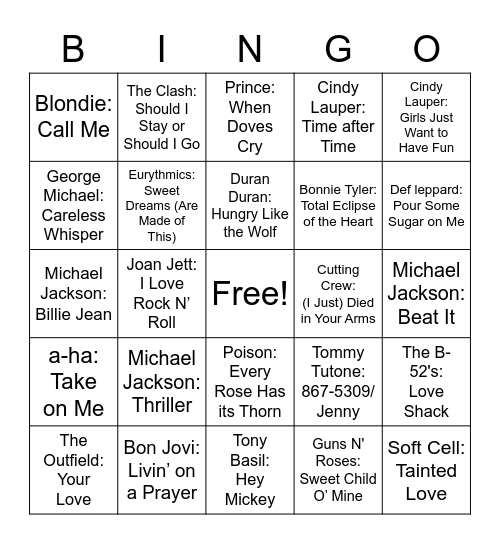 80s Music Bingo Card