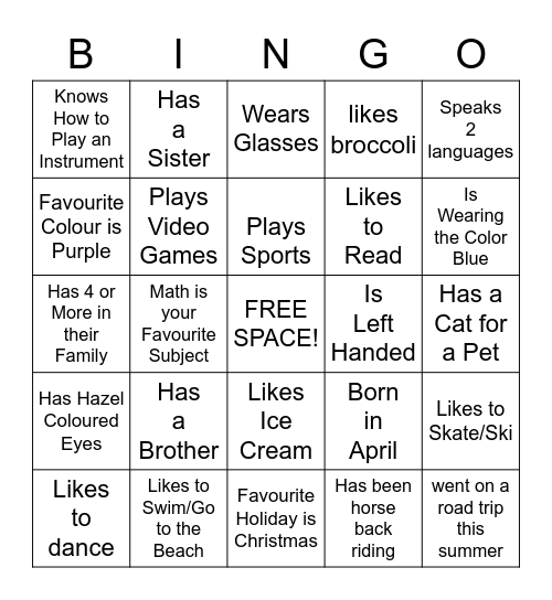 "Get to Know Me" Bingo Card