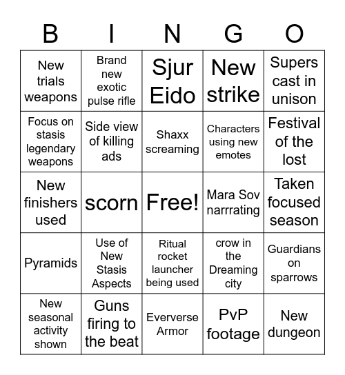 Season 15 Trailer Bingo Card