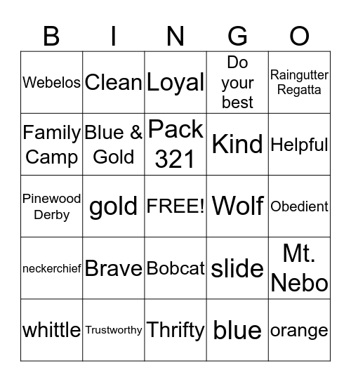 Cub Scout Bingo Card