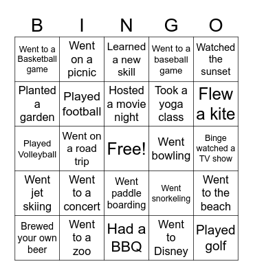 NSM Summer Bingo Card