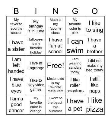 Getting To Know You Bingo Card