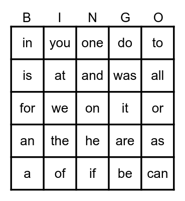 Sight words Bingo Card