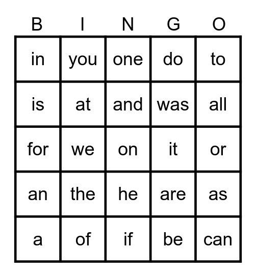 Sight words Bingo Card