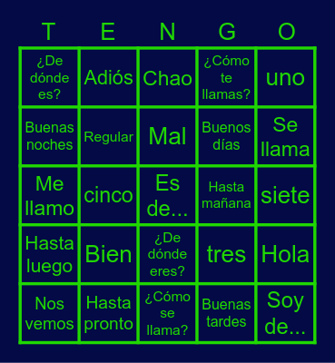 Spanish 1 U1: Greetings/Despedidas/Intros Bingo Card