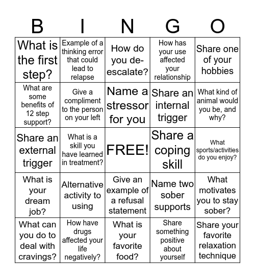 Relapse Prevention BINGO! Bingo Card