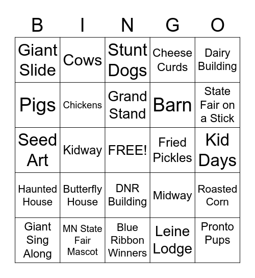 Minnesota State Fair Bingo Card