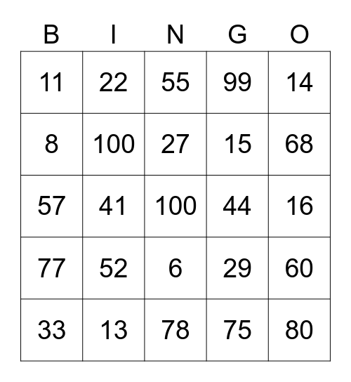 French Numbers 1-100 Bingo Card