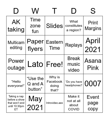 Dinner with the Docs Bingo Card