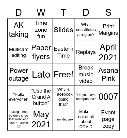 Dinner with the Docs Bingo Card