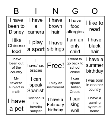 Who Am I? Bingo Card