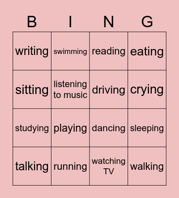 Action Verb Bingo Card