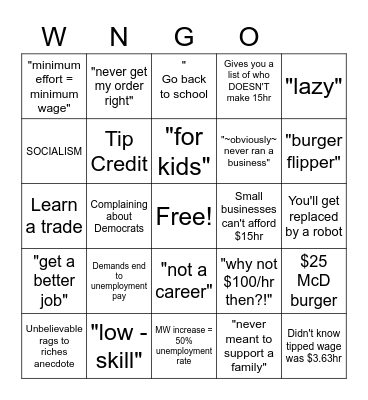 Minimum Wage Boomer Comments Bingo Card