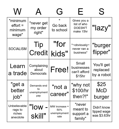 Minimum Wage Boomer Comments Bingo Card