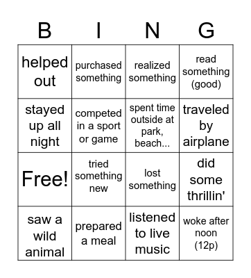 "Over the summer, I..." Bingo Card