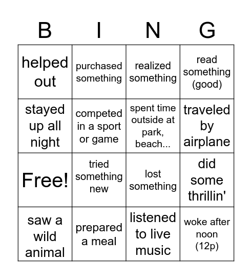 "Over the summer, I..." Bingo Card