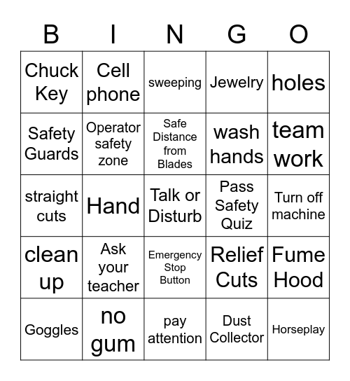 Saylor Woodshop Rules Bingo Card