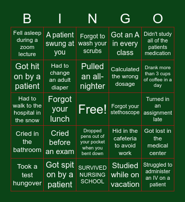 Ala's Nursing School Chaos Bingo Card