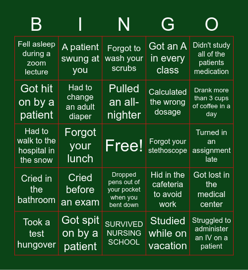 Ala's Nursing School Chaos Bingo Card