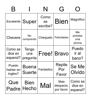 Spanish 2 Vocab Bingo Card
