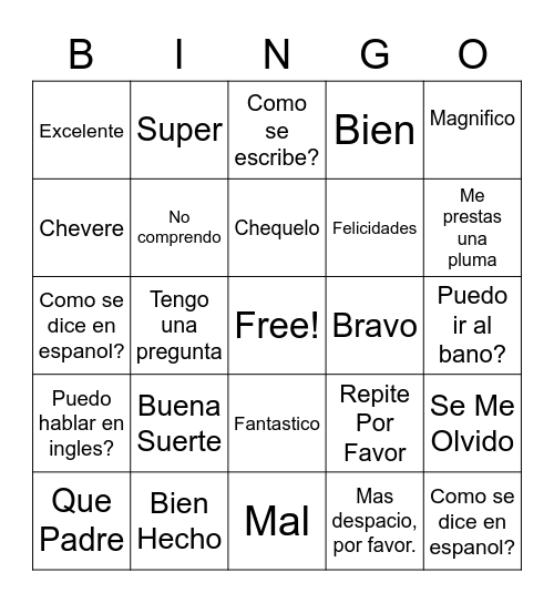 Spanish 2 Vocab Bingo Card
